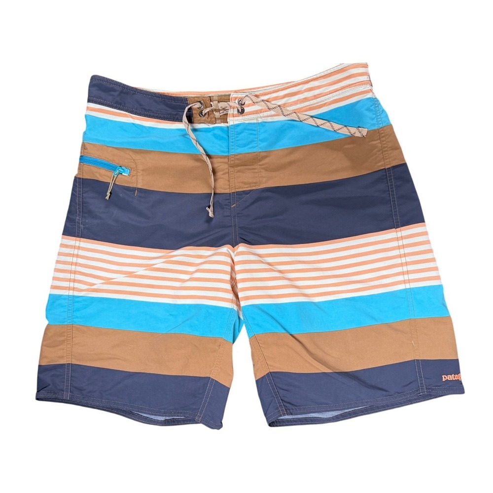 Patagonia Mens 34 Board Shorts Striped Blue Brown Orange Nylon Swim Trunks